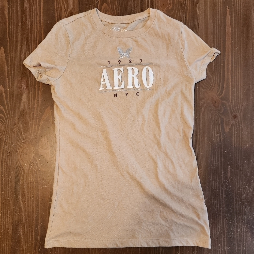Girls Size Medium Aeropostale AERO 1987 NYC T Shirt Tan Embroidered "AERO"